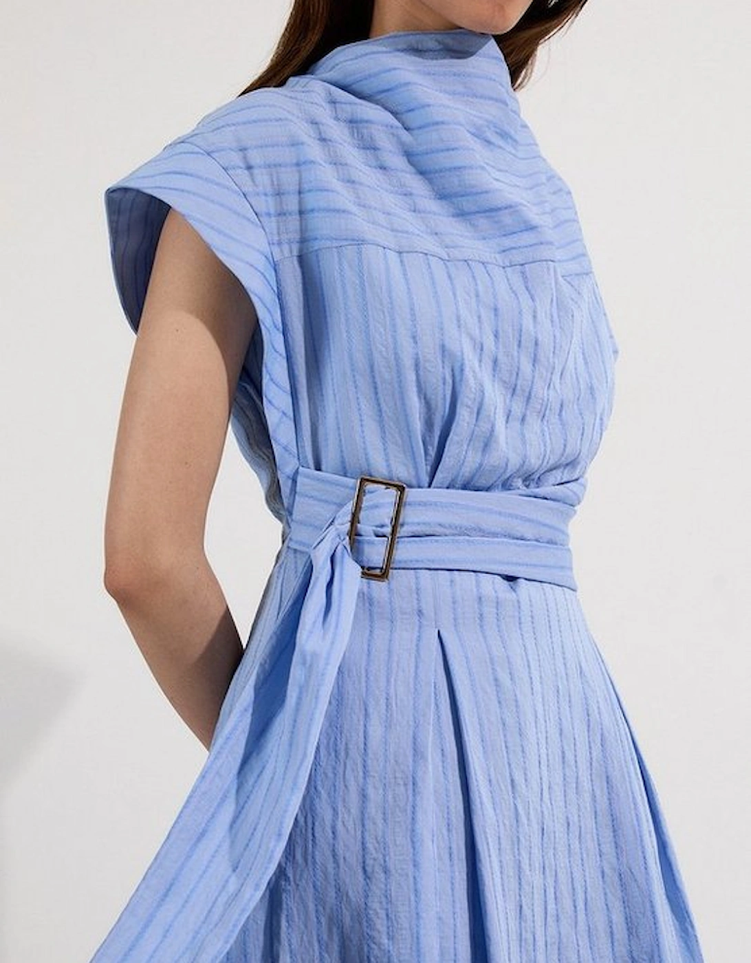 Cotton Stripe High Neck Belted Woven Midi Shirt Dress