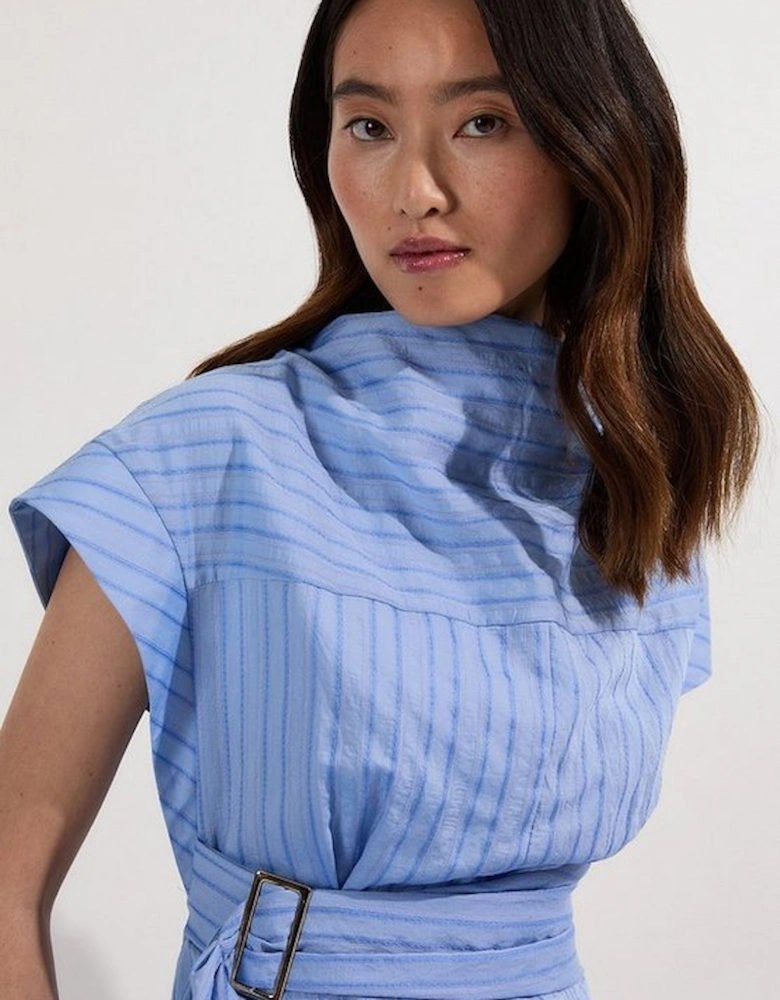 Cotton Stripe High Neck Belted Woven Midi Shirt Dress