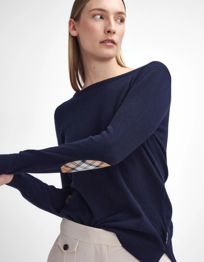 Pendle Crew Knitted Womens Jumper - Navy/Hessian Tartan