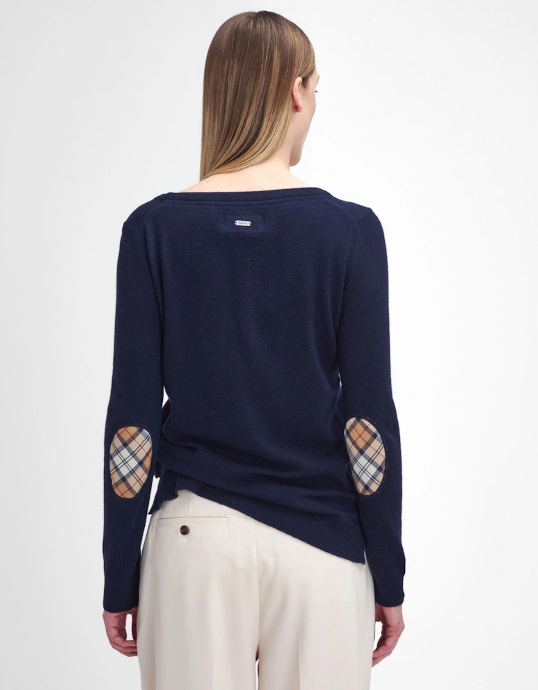 Pendle Crew Knitted Womens Jumper - Navy/Hessian Tartan