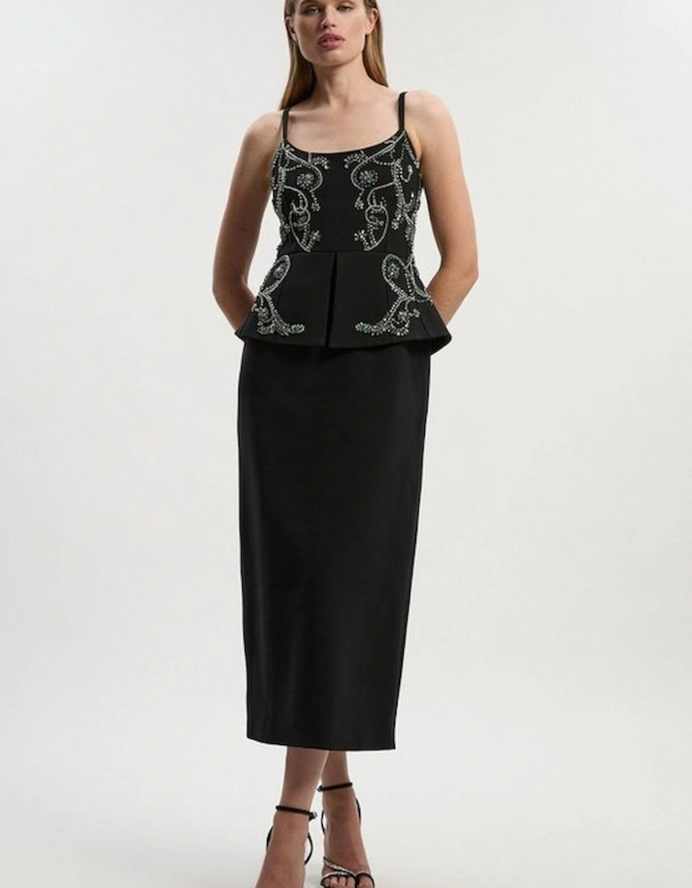 Crystal Embellished Peplum Bandeau Pencil Midi Dress
