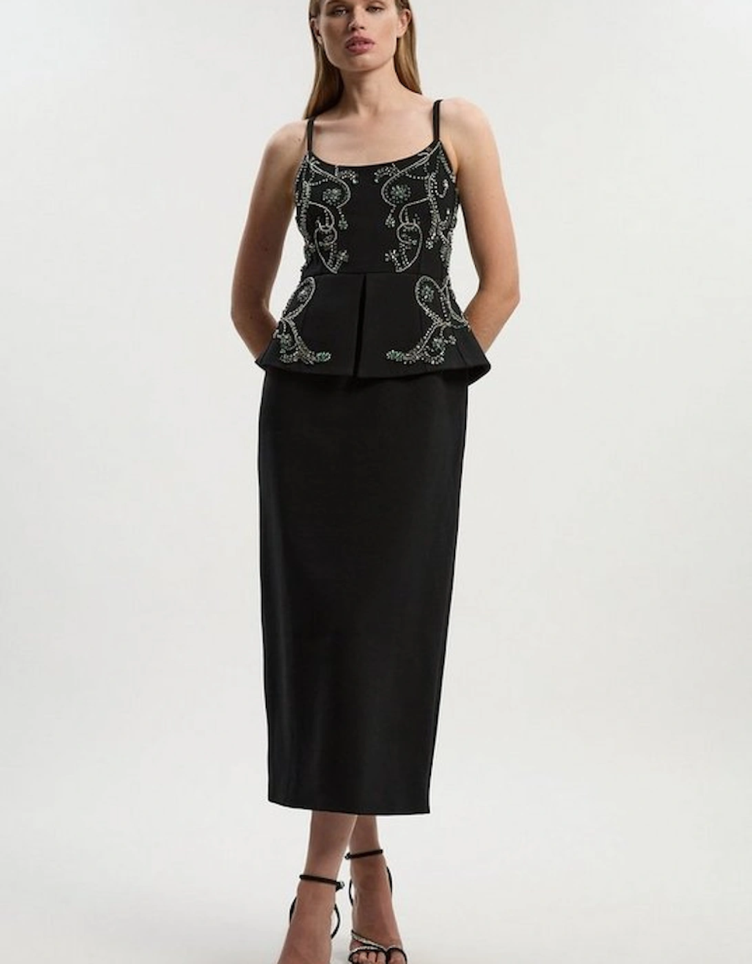 Crystal Embellished Peplum Bandeau Pencil Midi Dress, 2 of 1