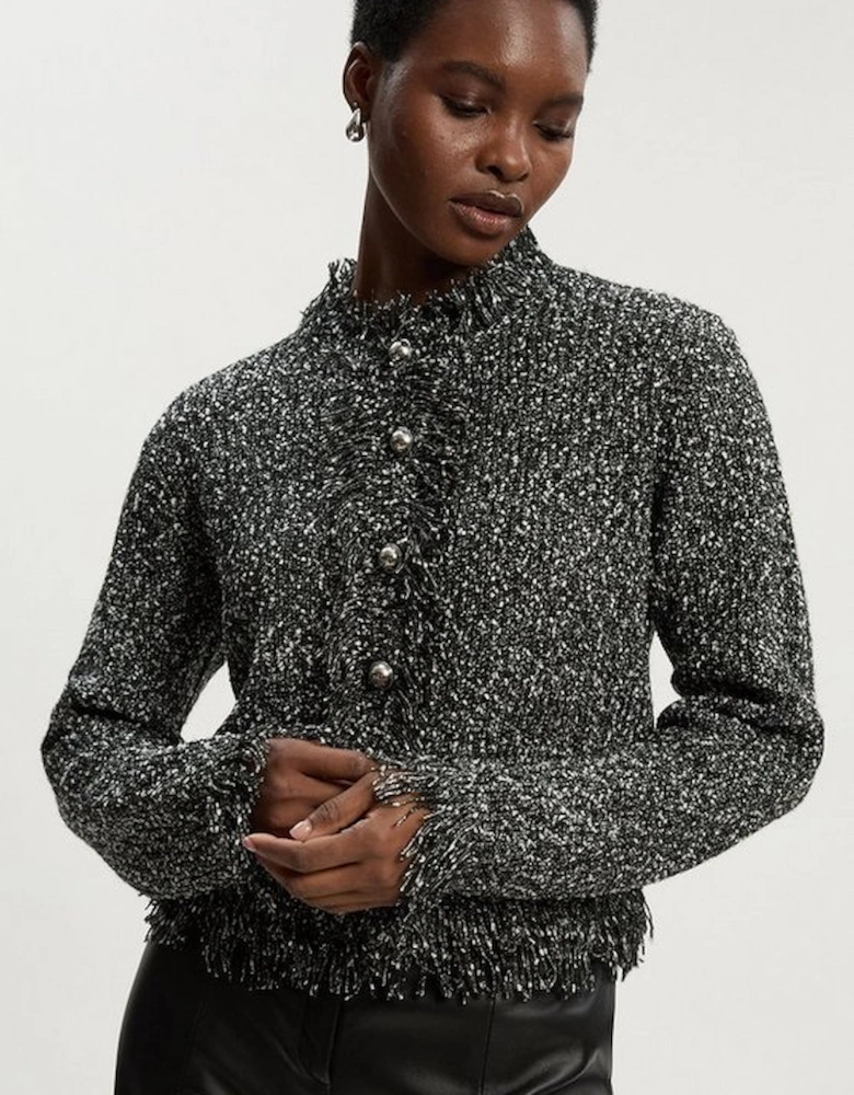 Tweed Yarn Fringe Detail Knitted Cardi