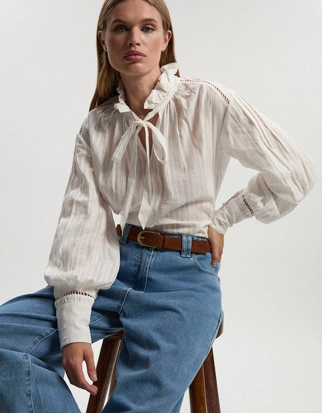 Cotton With Lace Trim Insert High Neck Puff Sleeve Blouse, 2 of 1