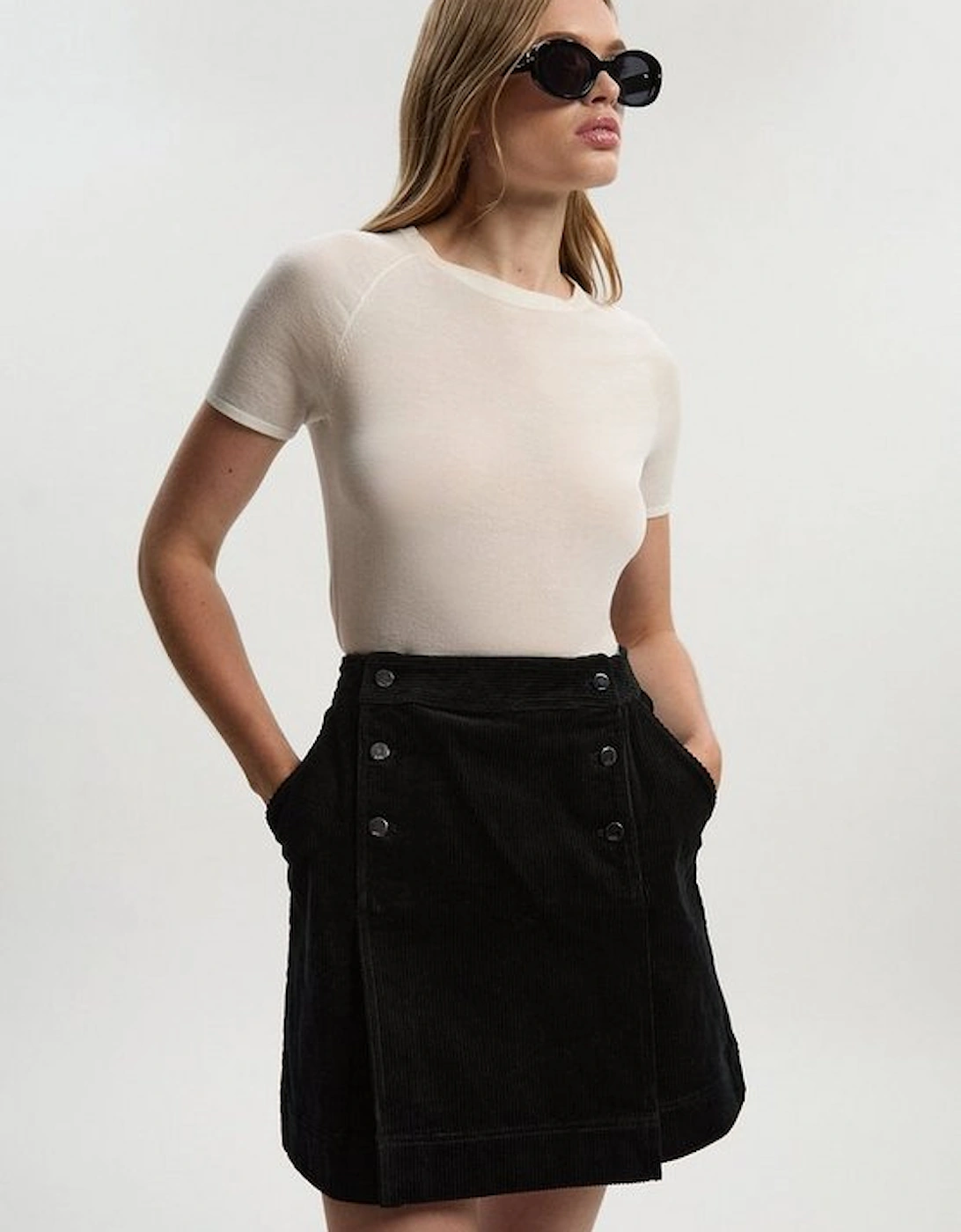 Cord Button Pleat Detail Mini Skirt, 2 of 1