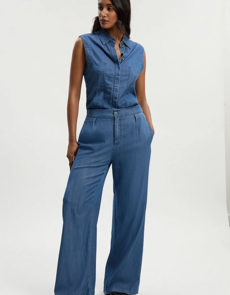 Petite Chambray Stretch Denim Wide Leg Trouser