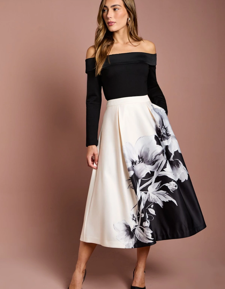Satin Midi Skirt With Placement Print