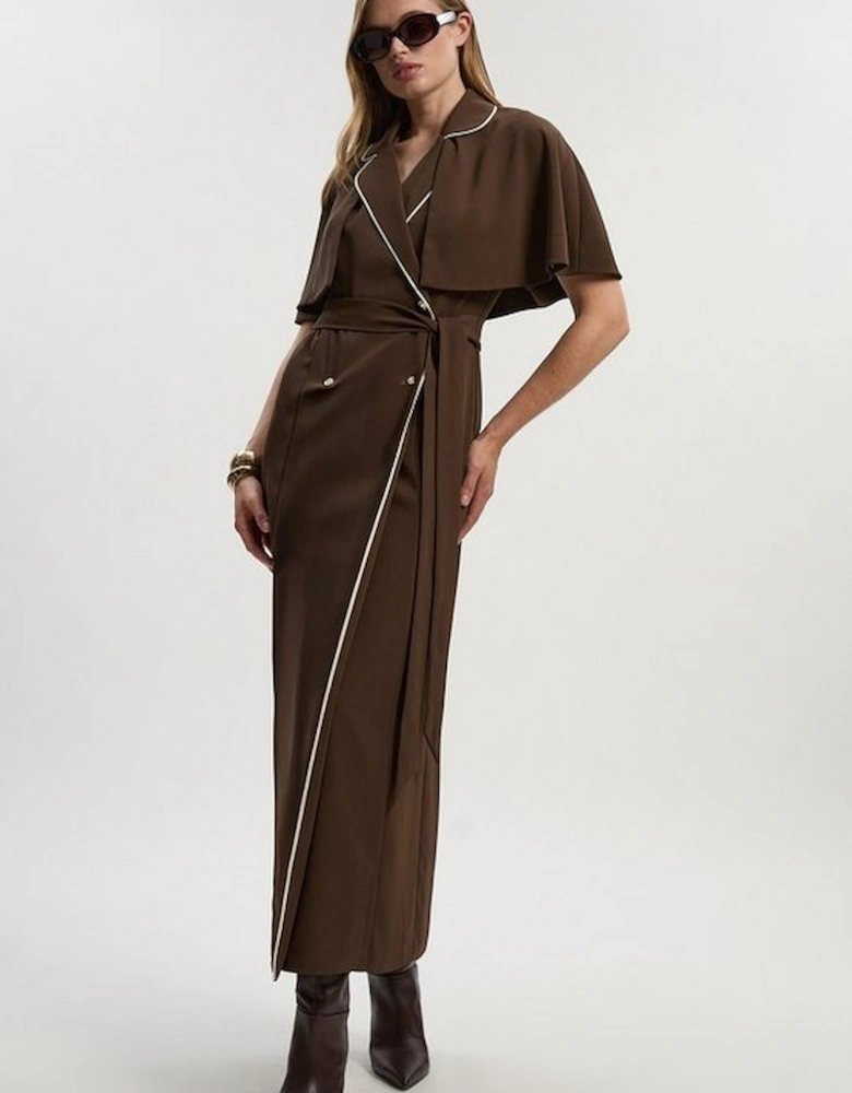 Contrast Tipping Tie Waist Short Sleeve Woven Trench Midi Dress