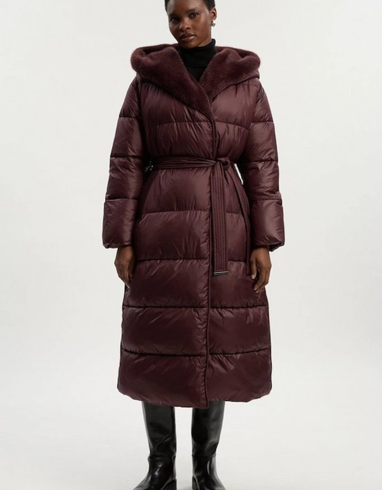Premium Faux Fur Lined Padded Hooded Belted Midi Coat