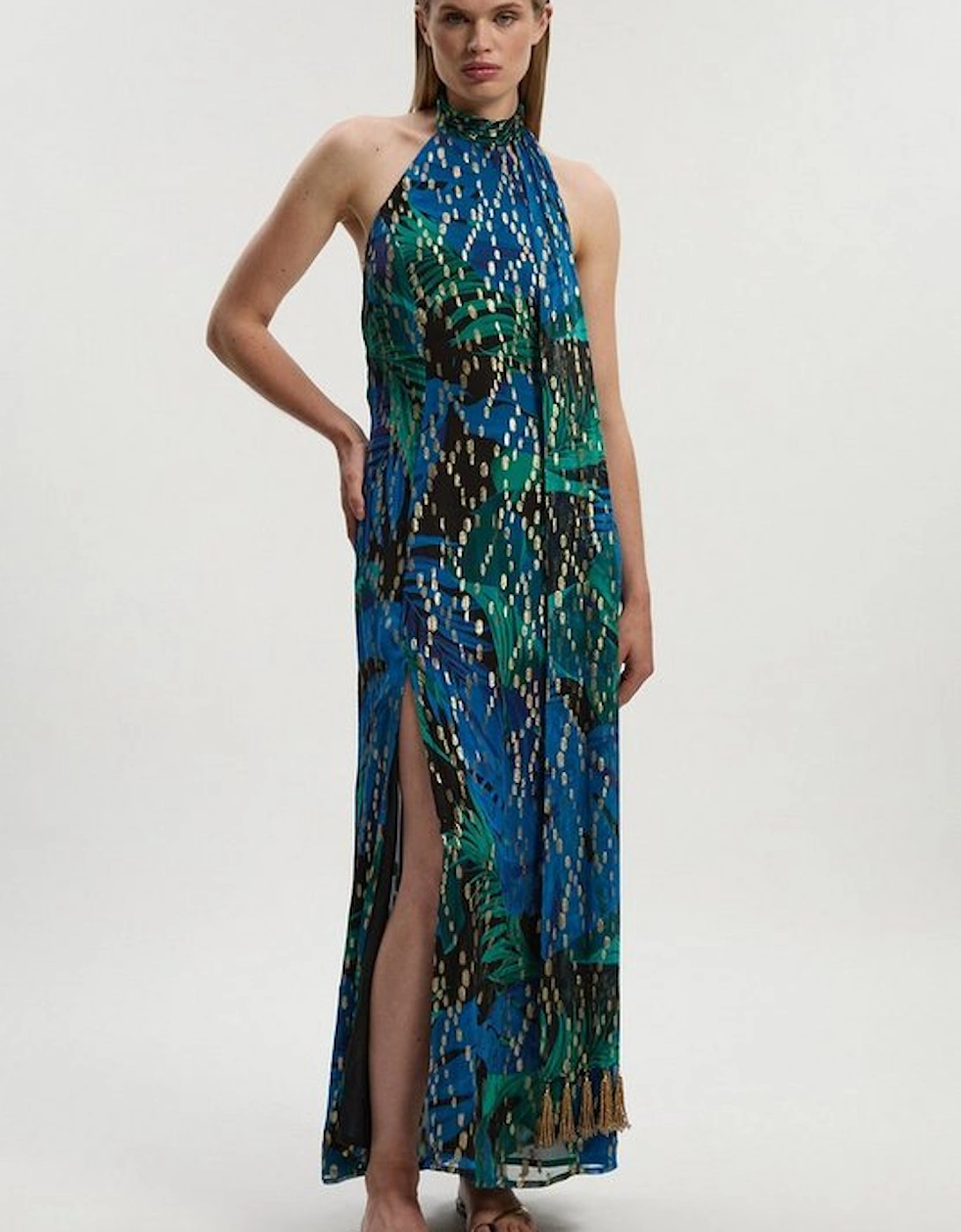 Viscose Metallic Palm Print Halter Neck Maxi Dress, 2 of 1