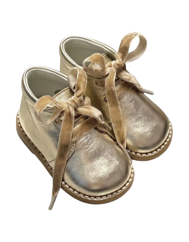 Girls Gold Velvet Lace Up Boots