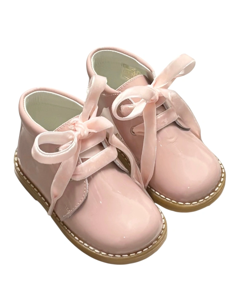Girls Pink Velvet Lace Up Boots