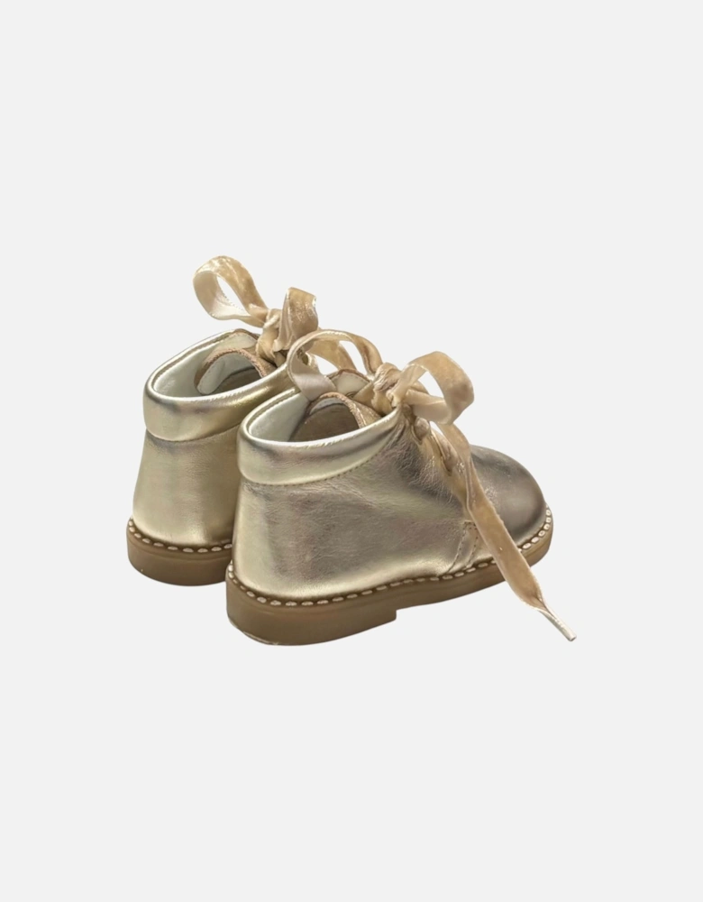 Girls Gold Velvet Lace Up Boots