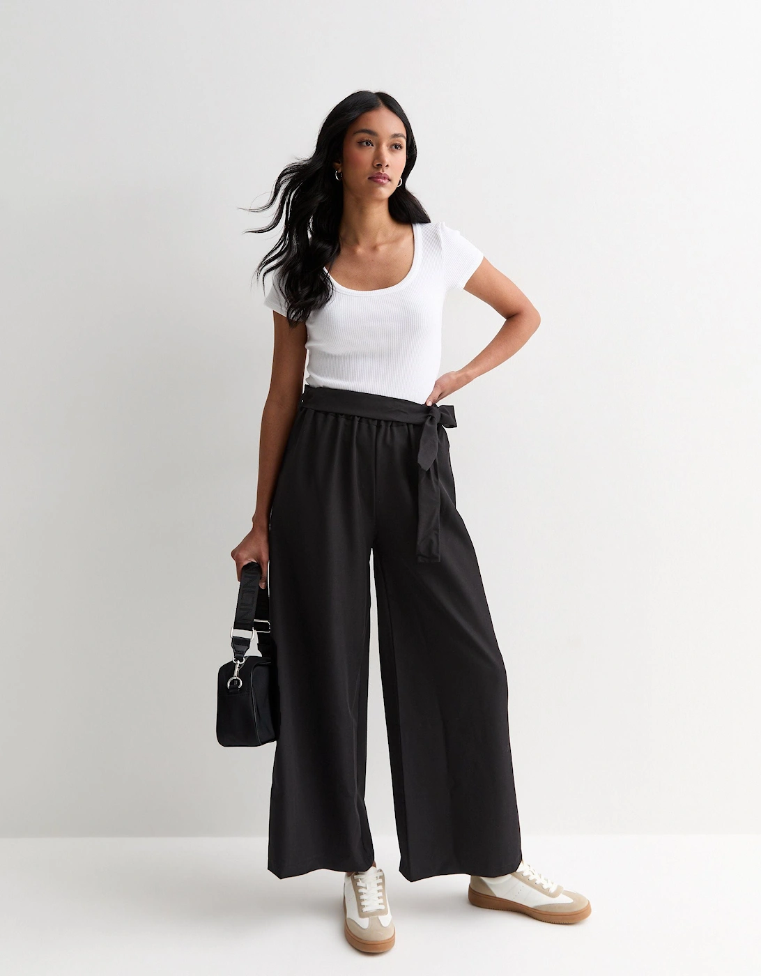 Black Elasticated Wide leg Tie detail Trousers, 5 of 4
