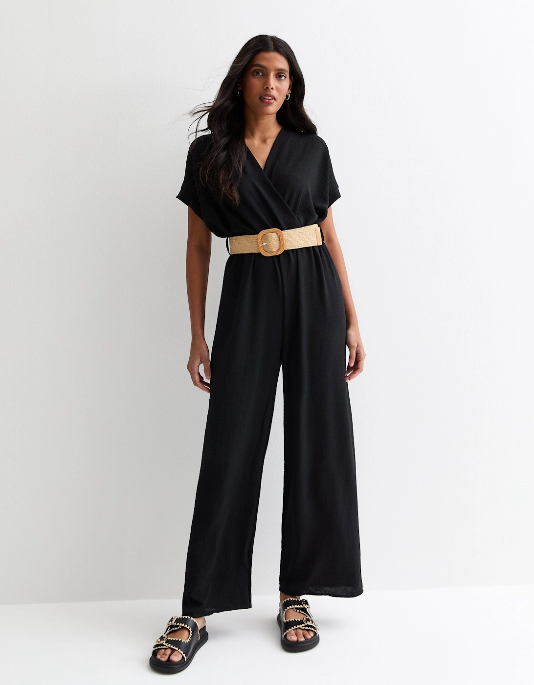 Black Short Sleeves Elasticated Waist Belted Jumpsuit, 5 of 4