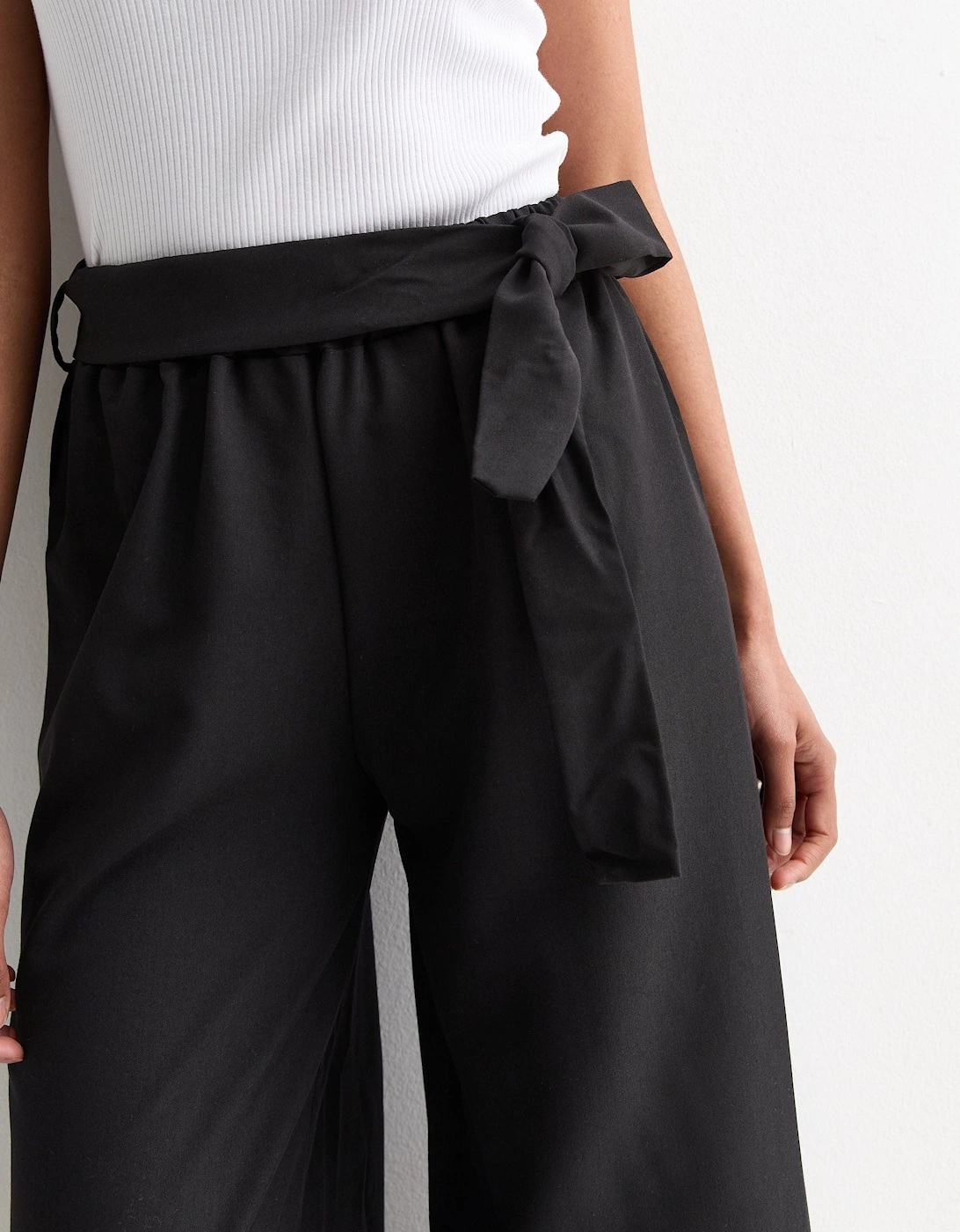 Black Elasticated Wide leg Tie detail Trousers