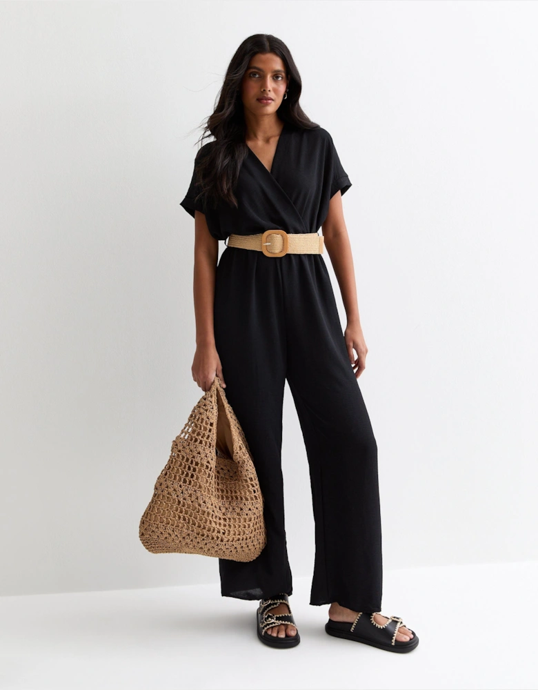 Black Short Sleeves Elasticated Waist Belted Jumpsuit