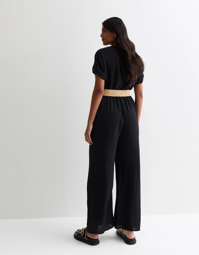 Black Short Sleeves Elasticated Waist Belted Jumpsuit