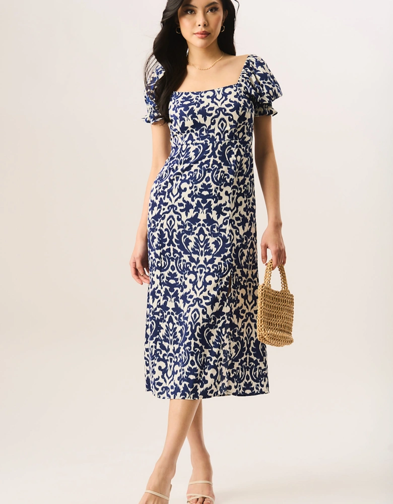 Blue Short Puff Sleeve Split Hem Midi Dress
