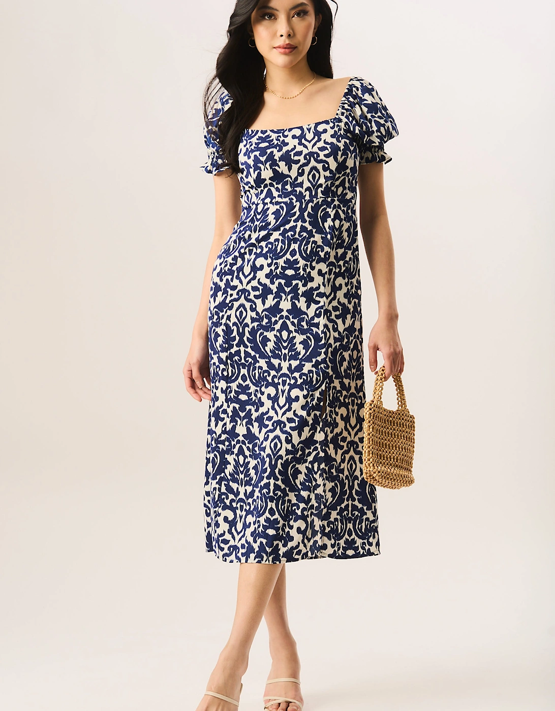 Blue Short Puff Sleeve Split Hem Midi Dress, 5 of 4