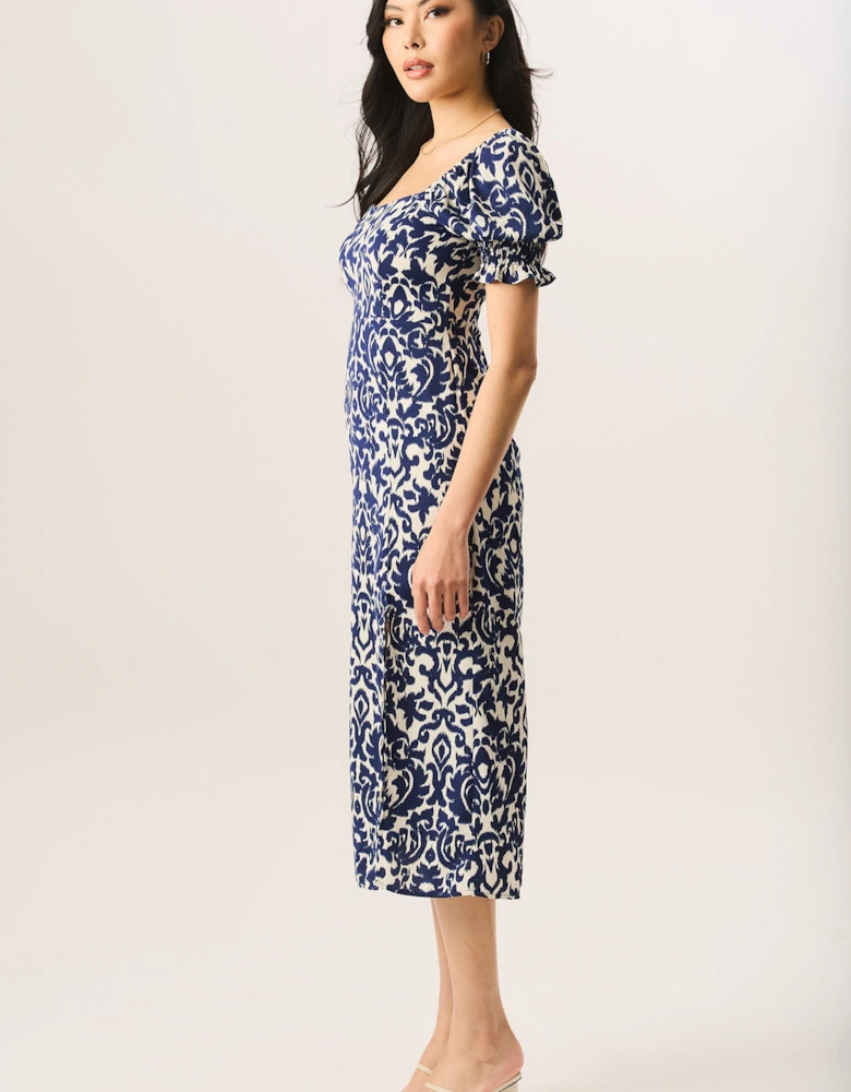Blue Short Puff Sleeve Split Hem Midi Dress