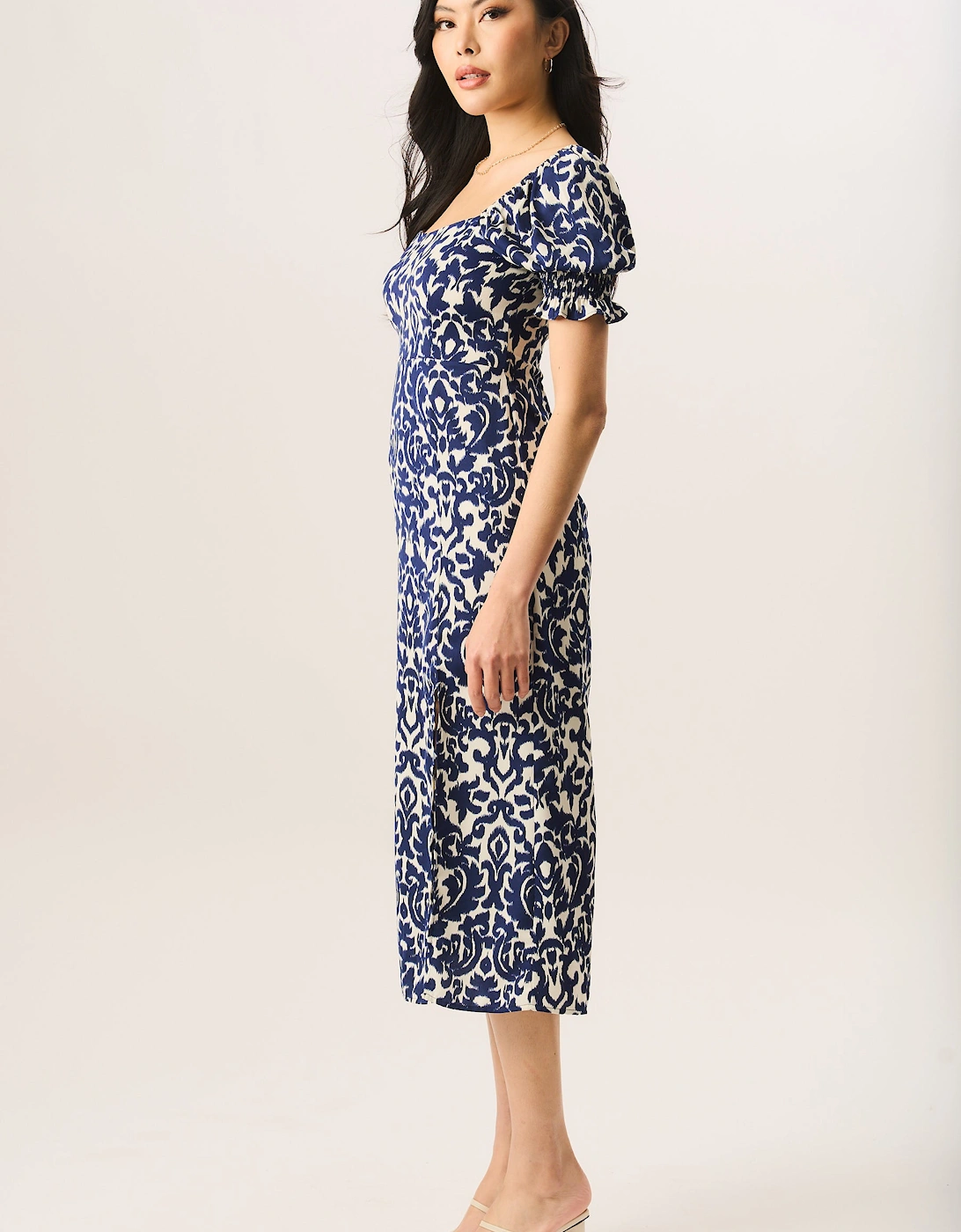 Blue Short Puff Sleeve Split Hem Midi Dress