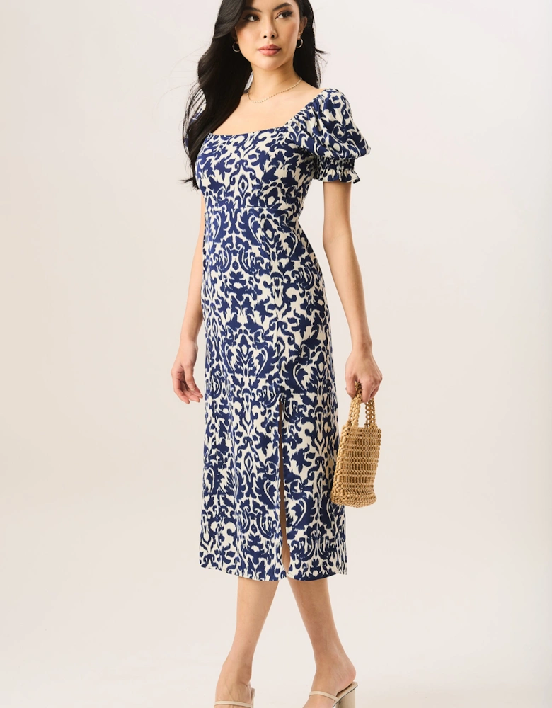 Blue Short Puff Sleeve Split Hem Midi Dress