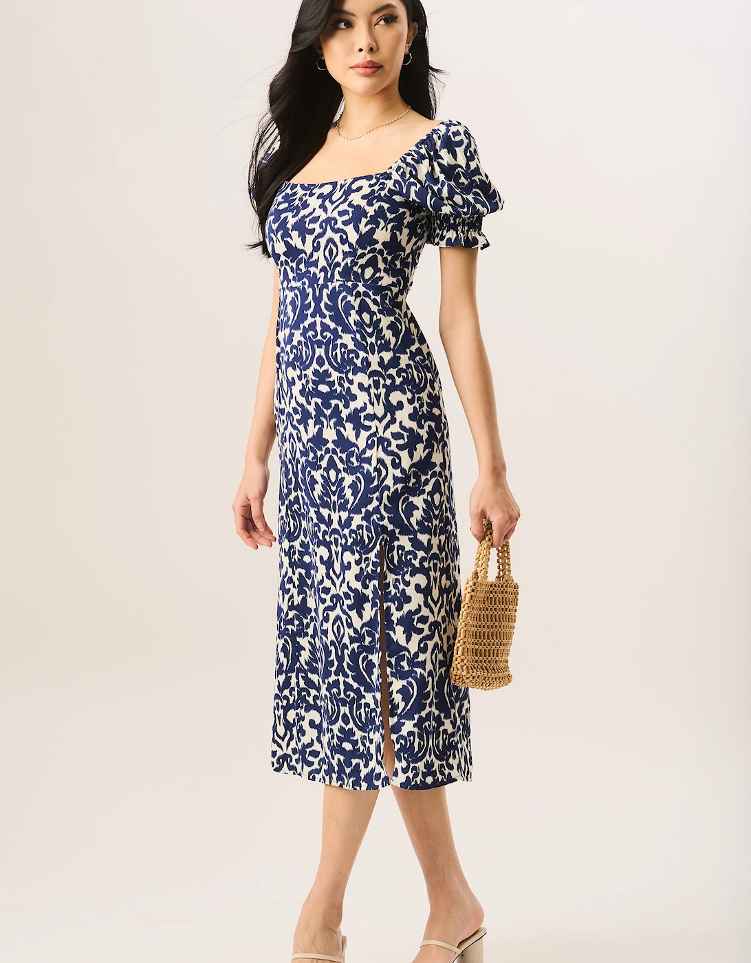 Blue Short Puff Sleeve Split Hem Midi Dress