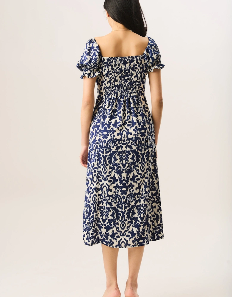 Blue Short Puff Sleeve Split Hem Midi Dress