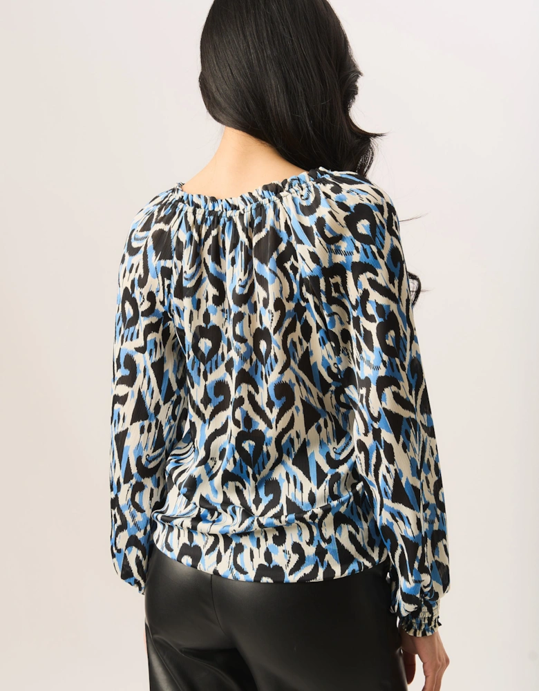 Blue Tie Neck Detail Long Sleeves Blouse