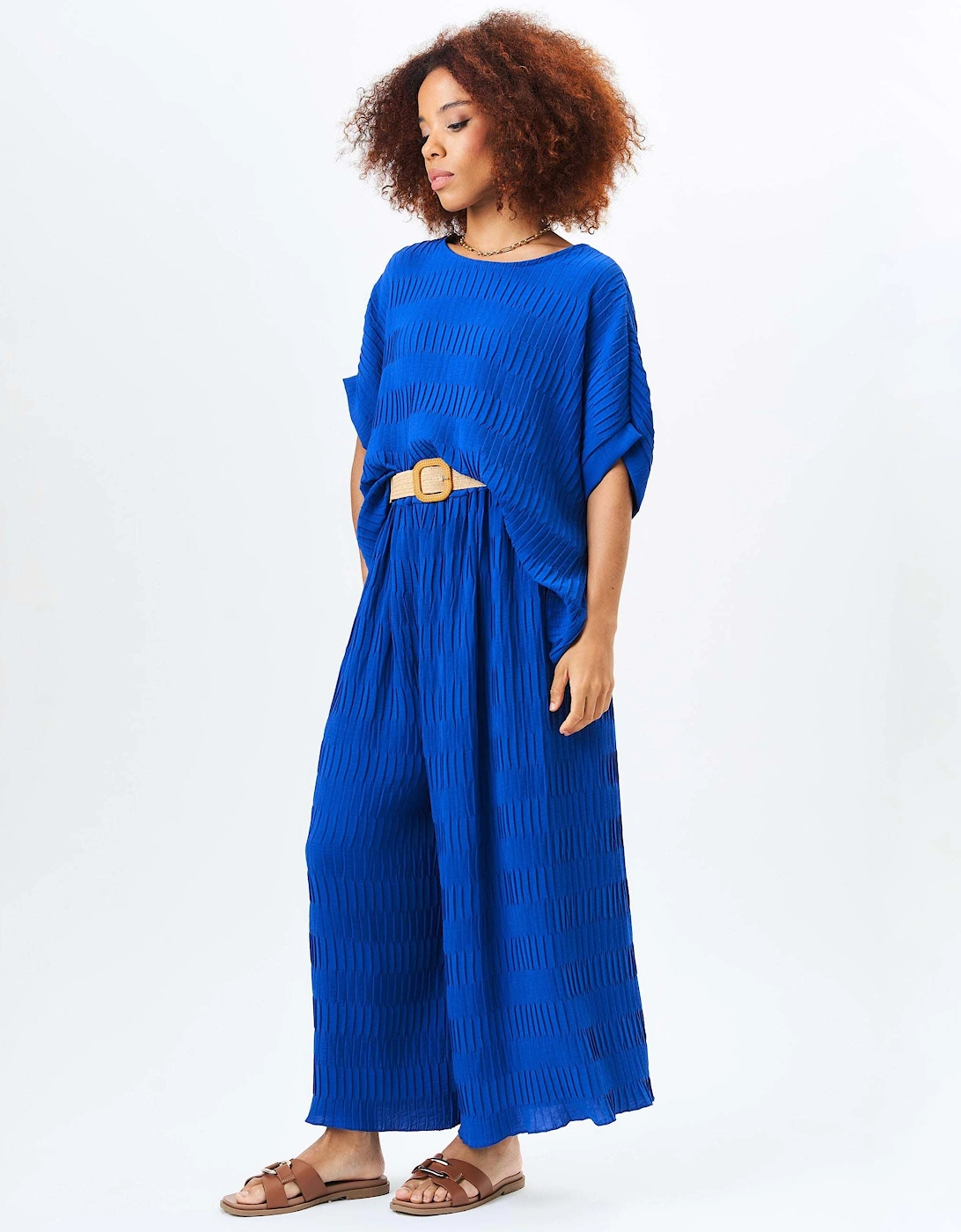 Royale Blue Pleated Textured Oversized Top