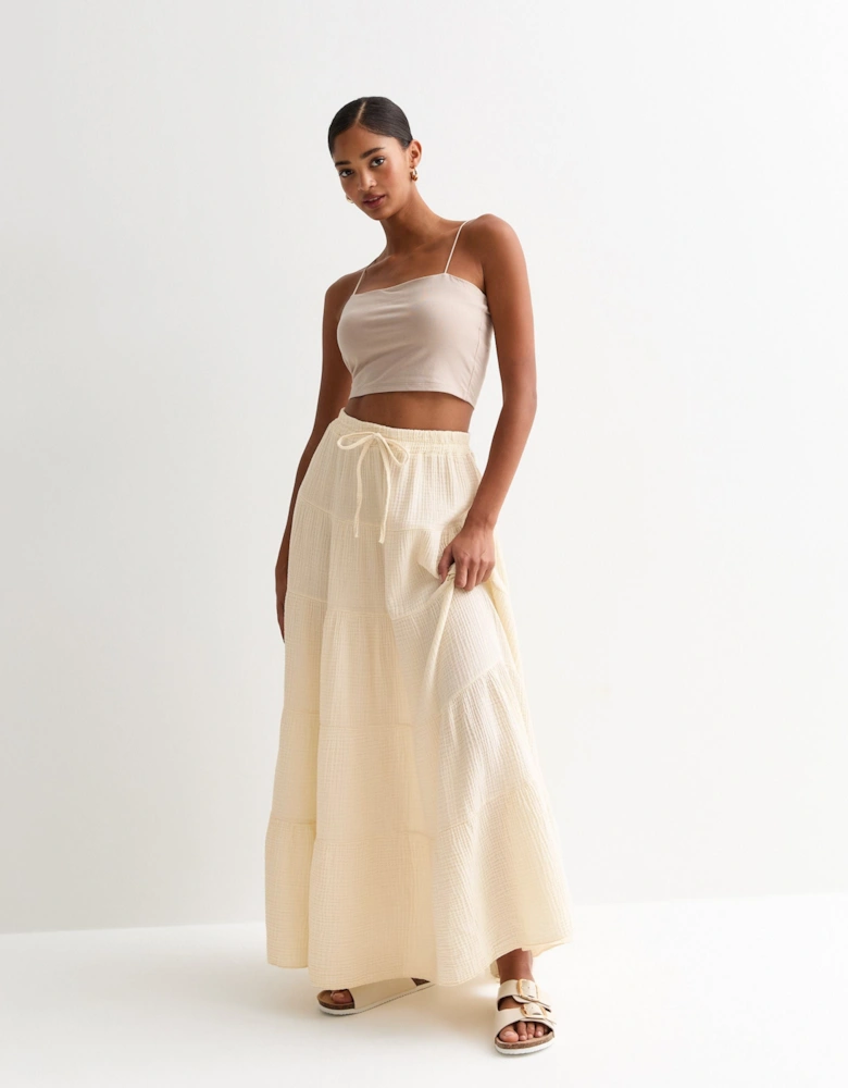 Cream Textured Cotton Tiered Maxi Skirt