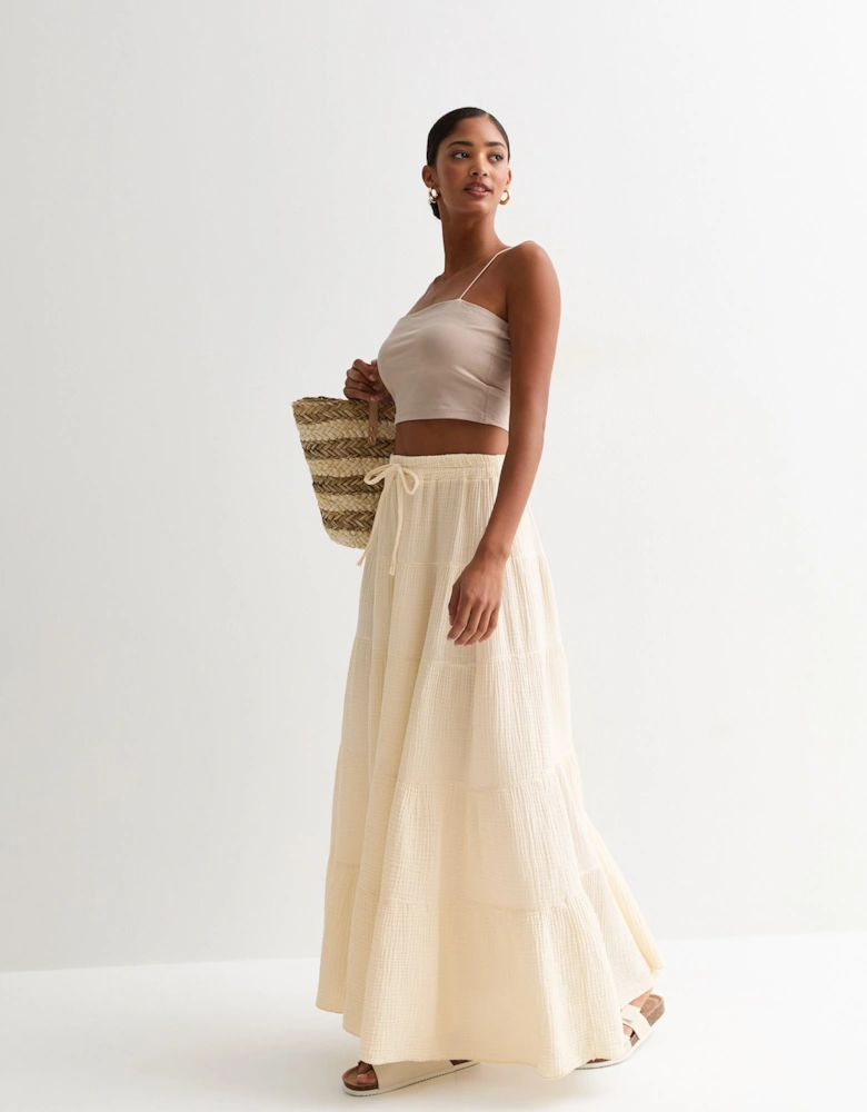 Cream Textured Cotton Tiered Maxi Skirt
