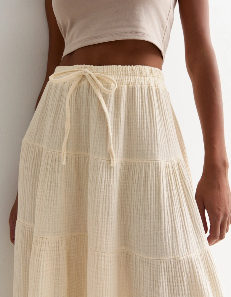 Cream Textured Cotton Tiered Maxi Skirt