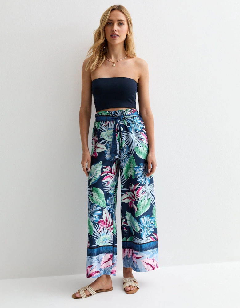 Blue Tropical Print Belted Wide Leg Trousers