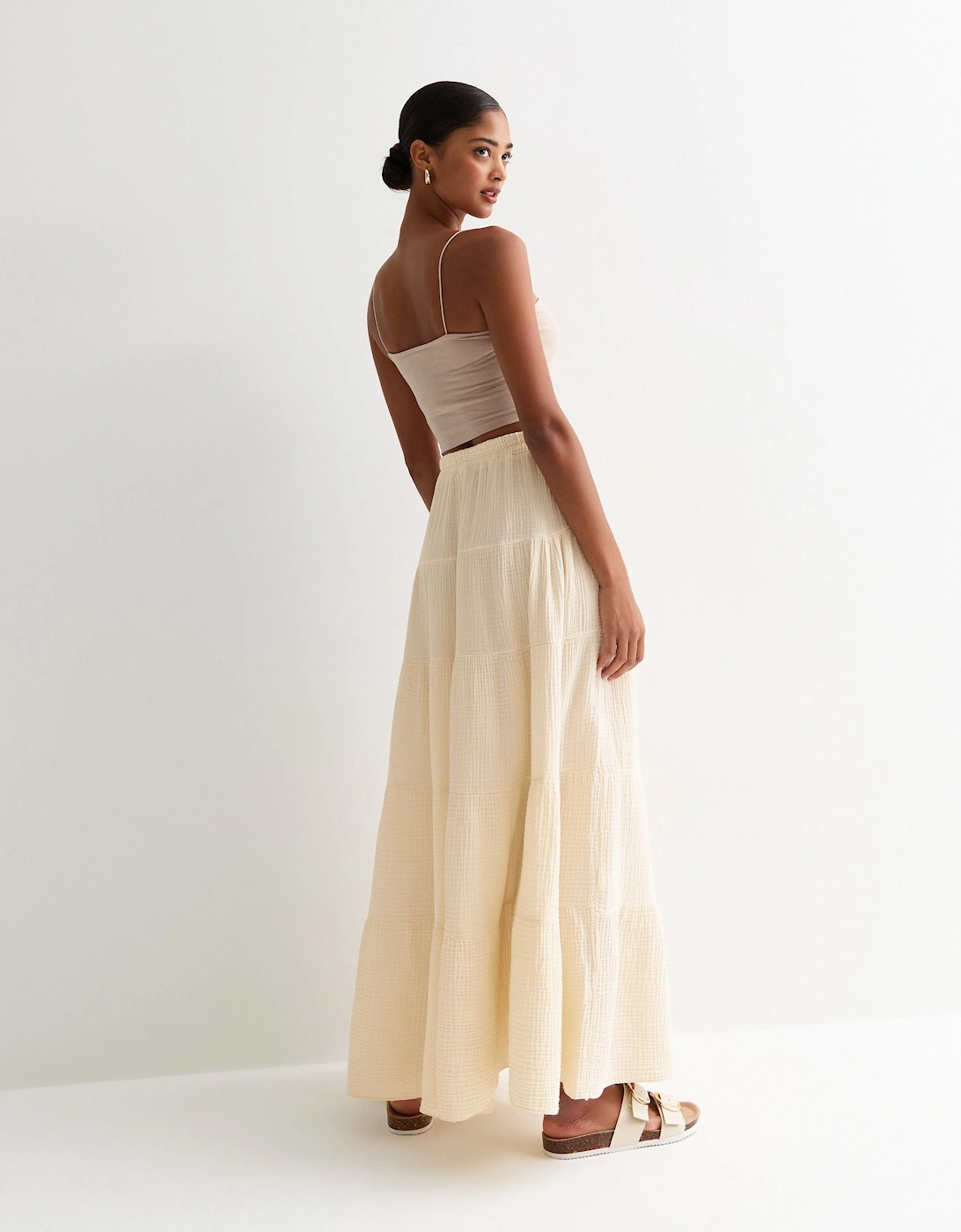 Cream Textured Cotton Tiered Maxi Skirt