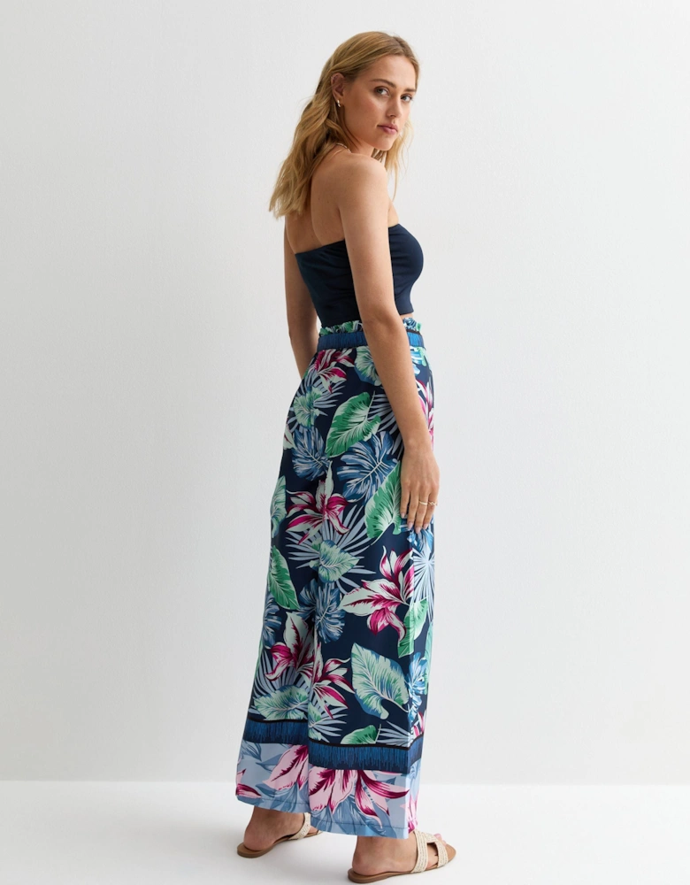 Blue Tropical Print Belted Wide Leg Trousers