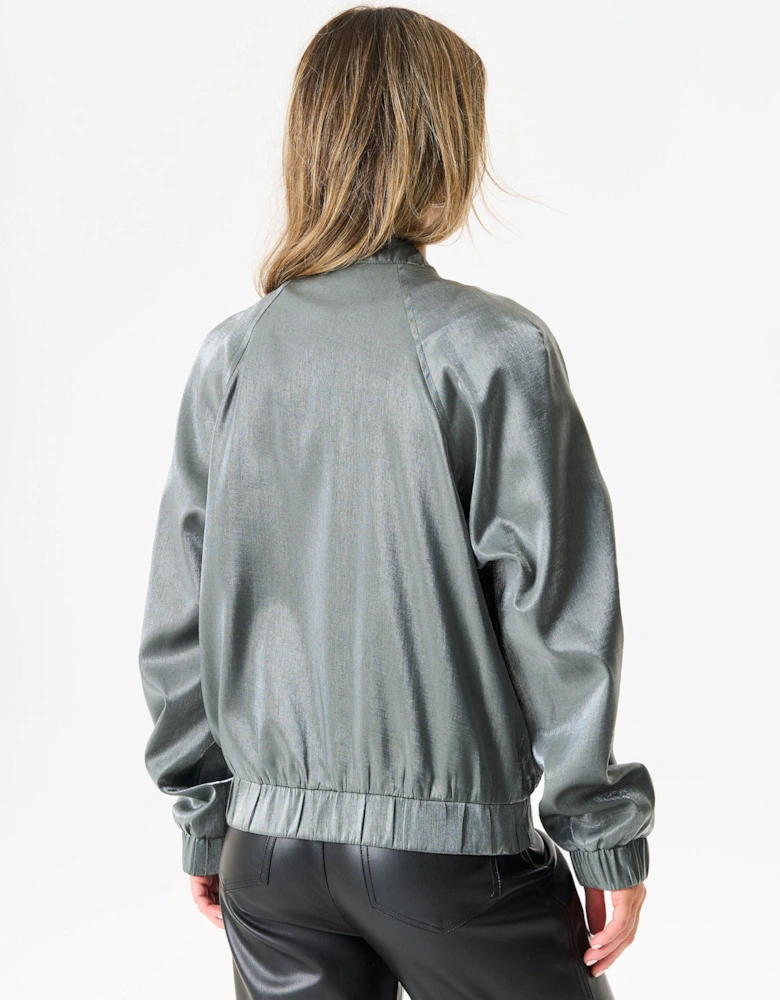 Grey Metallic Elasticated Waist Bomber Jacket