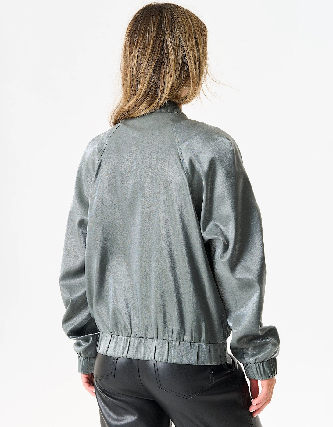 Grey Metallic Elasticated Waist Bomber Jacket