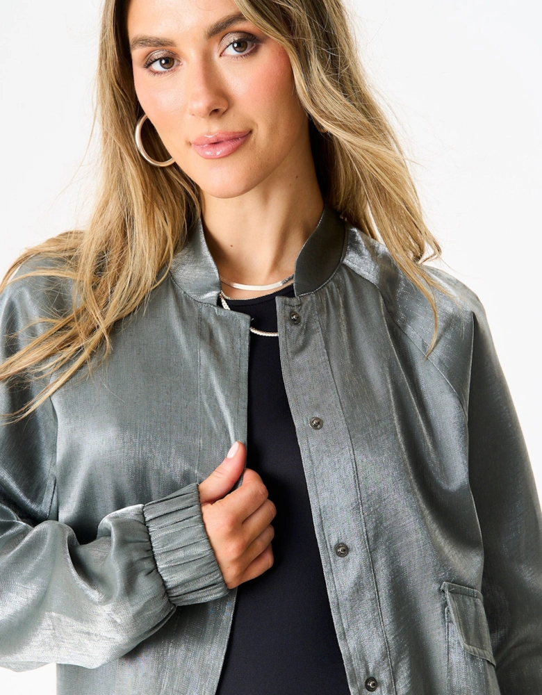 Grey Metallic Elasticated Waist Bomber Jacket