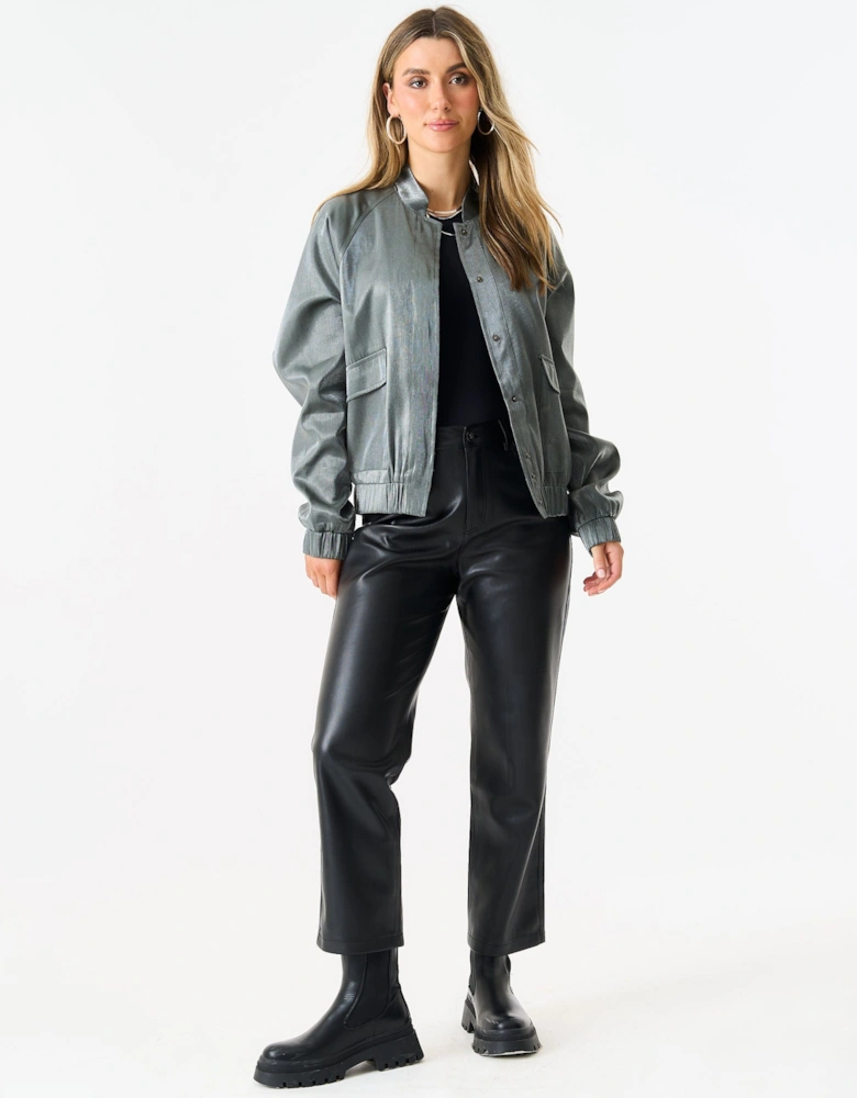 Grey Metallic Elasticated Waist Bomber Jacket