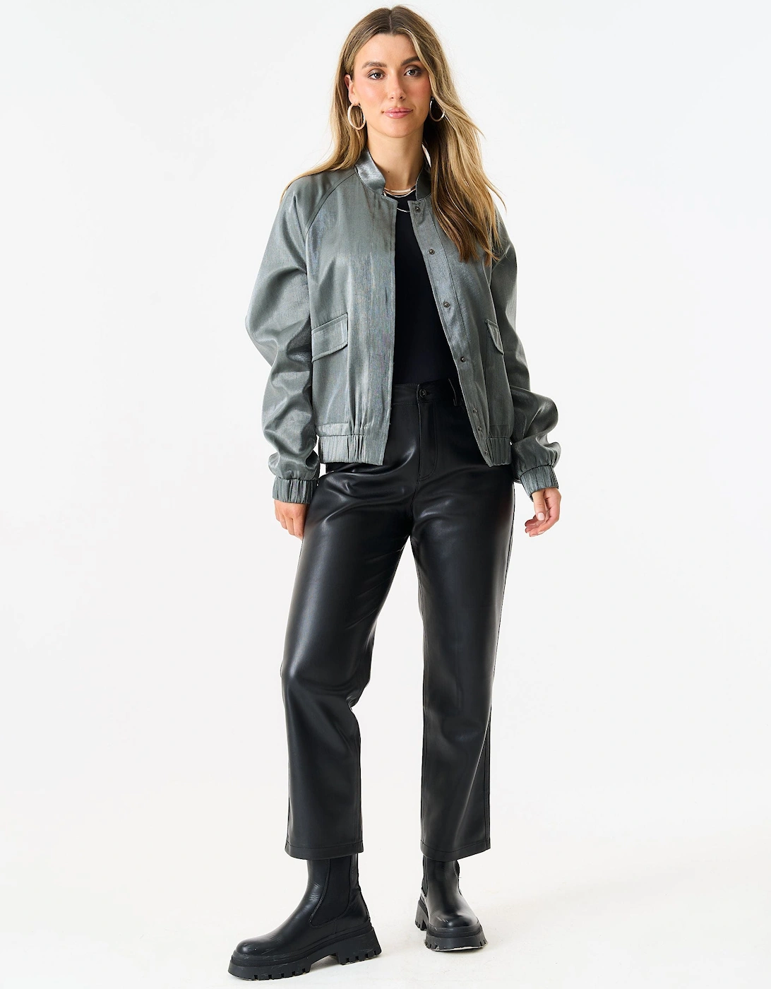 Gini London Women's Grey Metallic Elasticated Waist Bomber Jacket - Size: 8/10