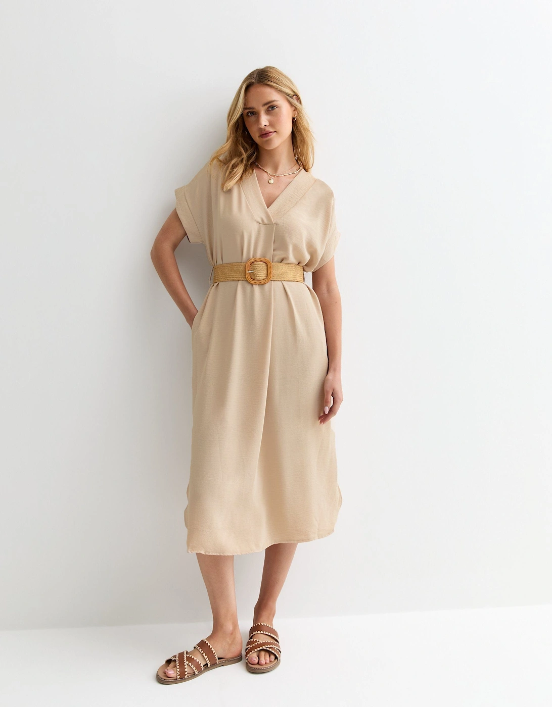 Beige V Neck Raffia Belt Tunic Dress