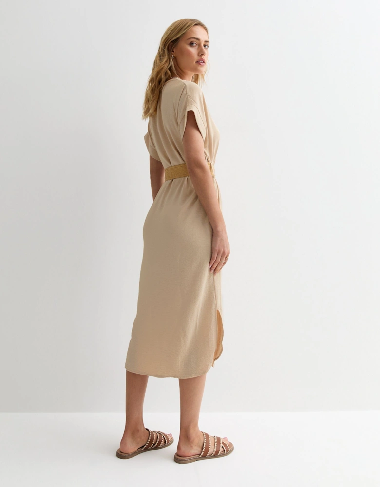 Beige V Neck Raffia Belt Tunic Dress
