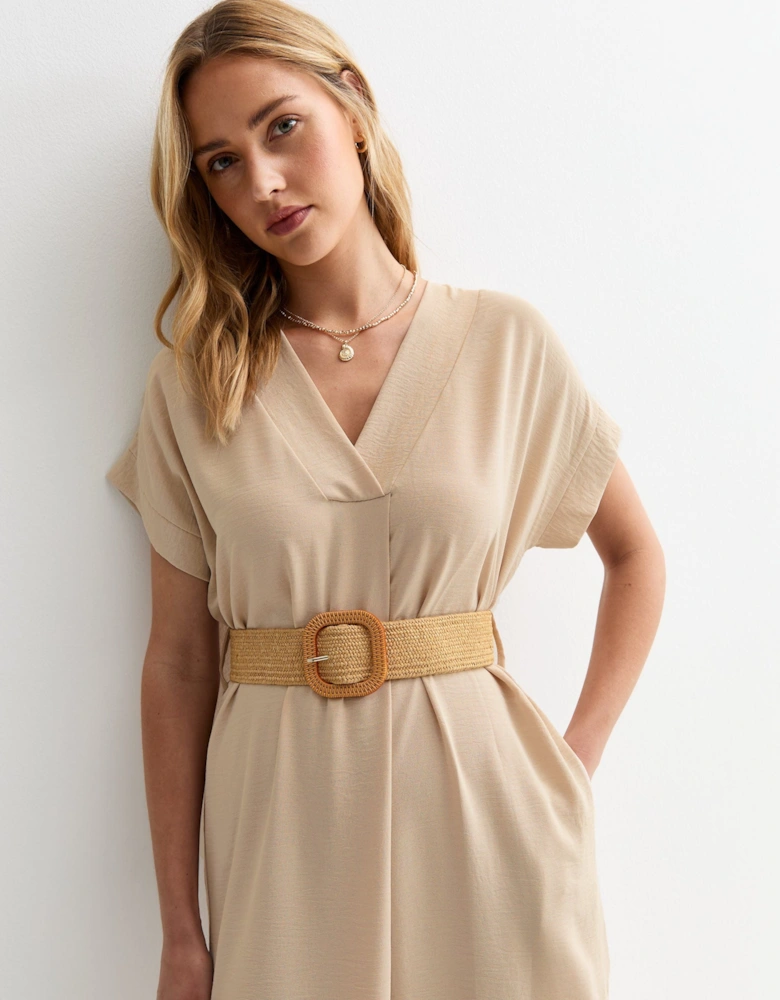Beige V Neck Raffia Belt Tunic Dress