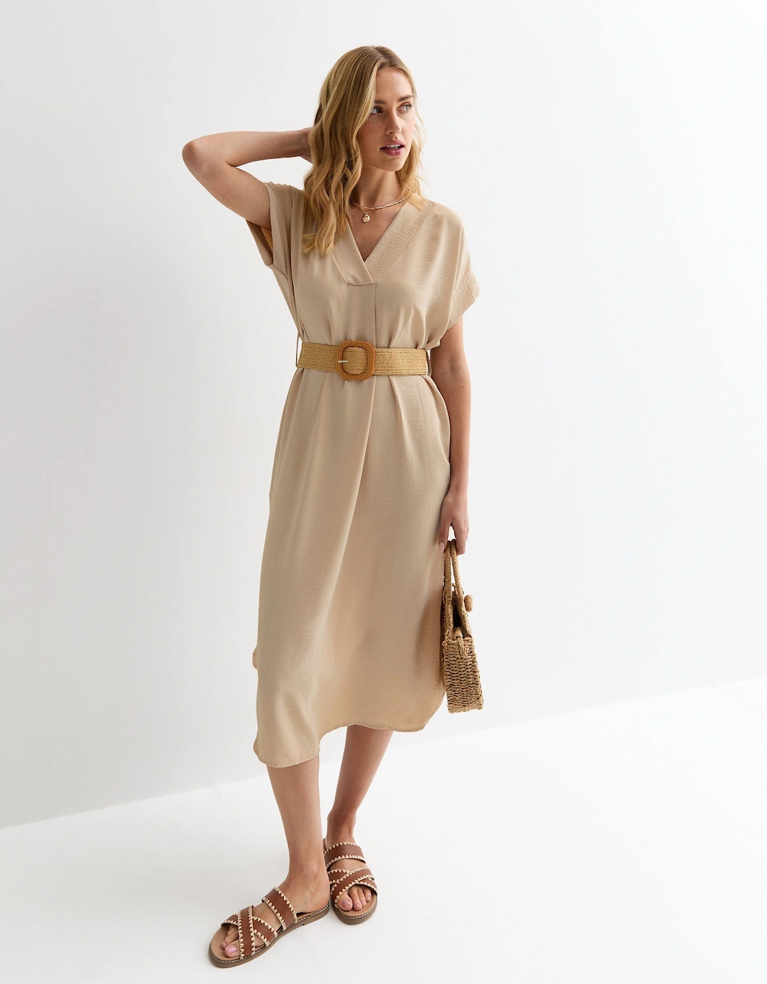 Beige V Neck Raffia Belt Tunic Dress, 5 of 4