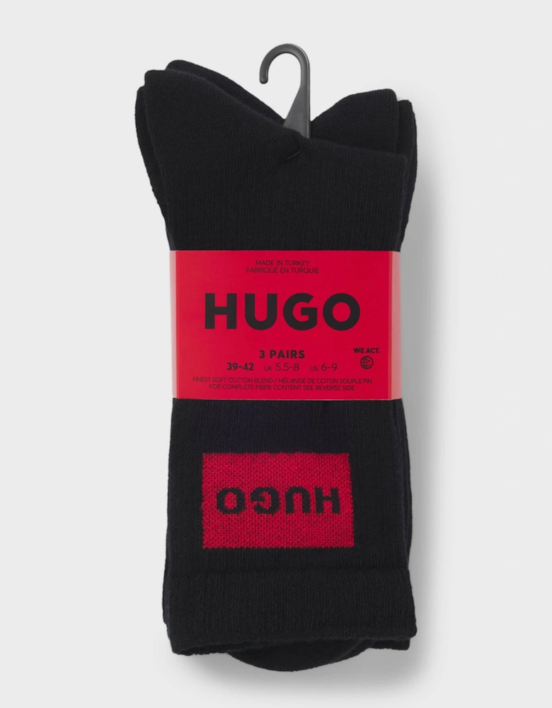 HUGO 3-Pack Quarter Length Combed Cotton Ribbed Mens Socks  - Black 001