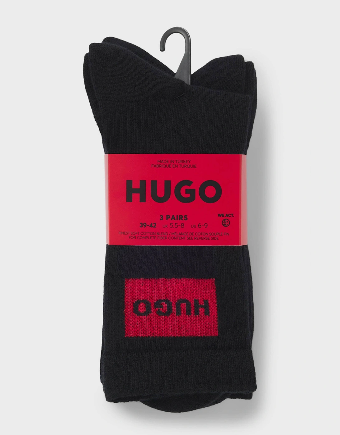 HUGO 3-Pack Quarter Length Combed Cotton Ribbed Mens Socks  - Black 001, 2 of 1
