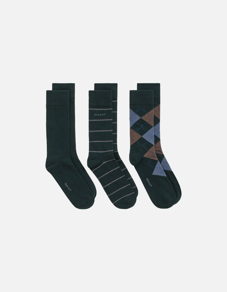 3-Pack Argyle & Stripe Socks Tartan Green