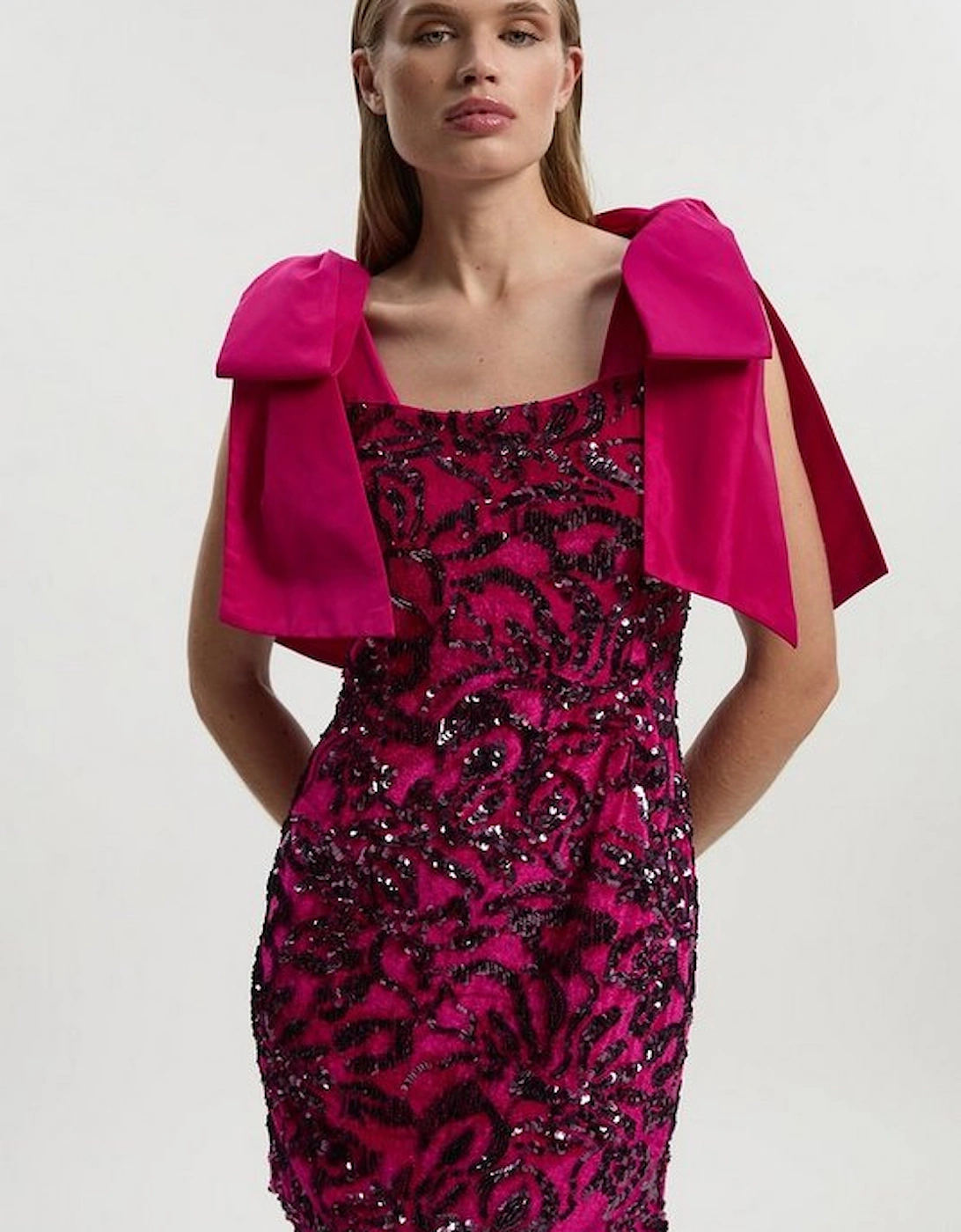 Velvet Sequin Woven Mini Dress With Taffeta Bow Tie Detail, 2 of 1